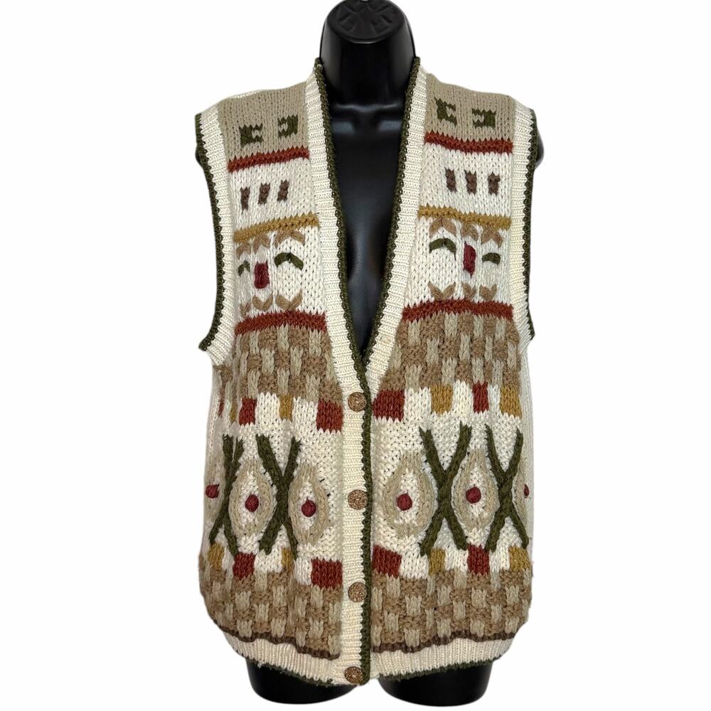 VTG Margules Geometric Knit Sweater Vest Large Earth Tone Cottagecore Grannycore